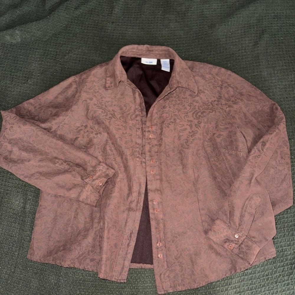 Ms. Lee Women Brown Floral Suede Feel Button Down Shirt PXL V13-1651